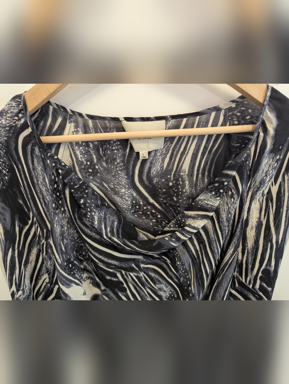 TH by Thrive Silk Blouse Abstract Print Draped Neck Flowy Boho Top - Picture 6 of 9